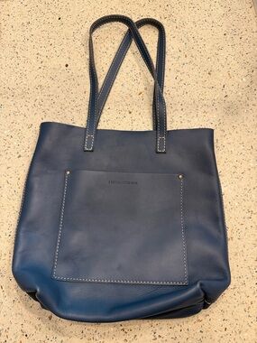 Navy Leather Shoulder Tote with Front Pocket